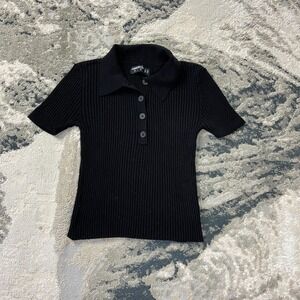Cuidado Con El Perro Polo Shirt Womens Small Black Ribbed Knit 4 Button Placket